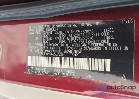 2006 Toyota Tundra Sr5 V8 from USA, damaged, VIN 5TBET34136S557629